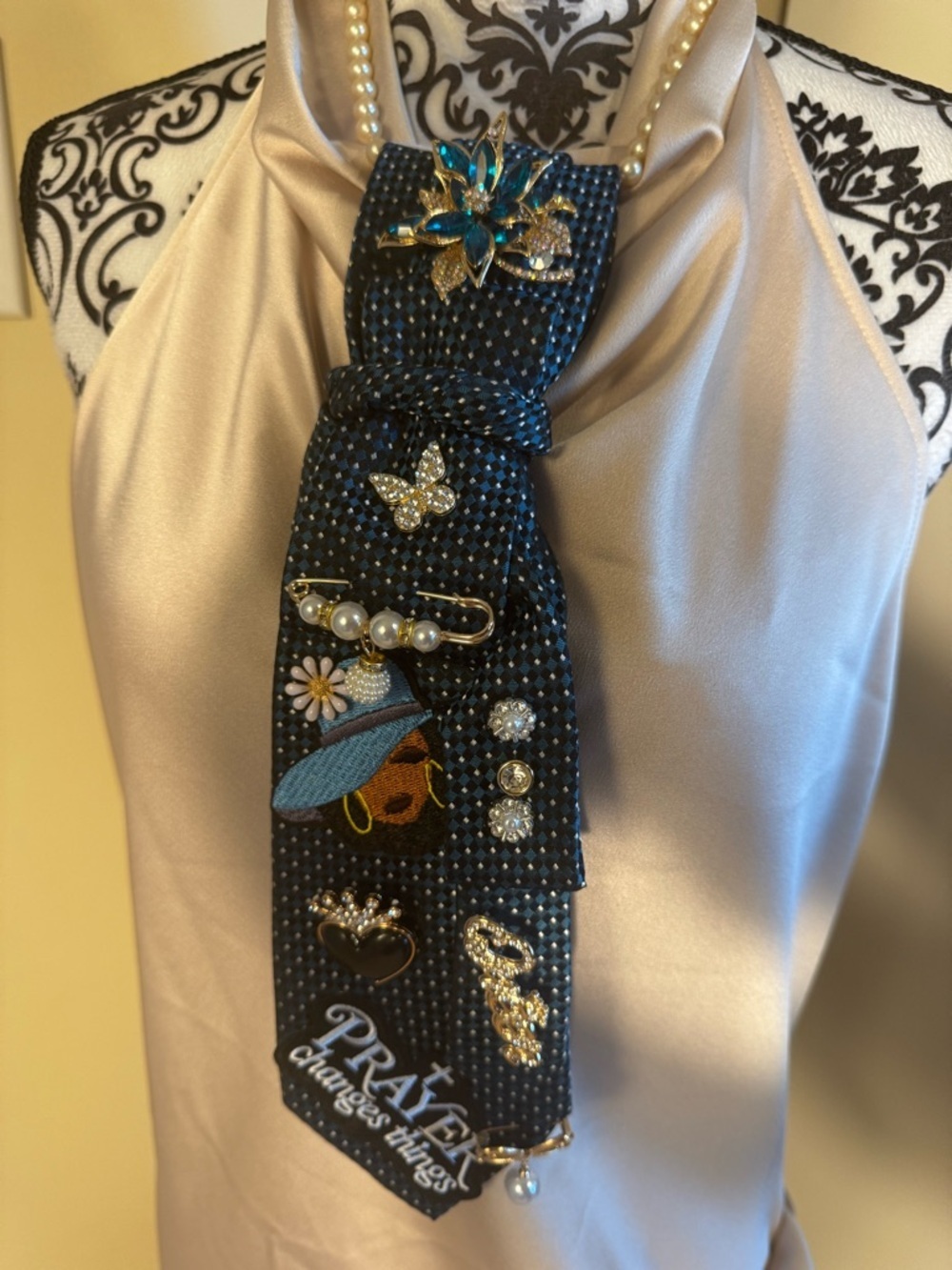 Junk Tie ~ Repurposed Black & Teal Silk Tie w/Gold Tone Accents & Patches New